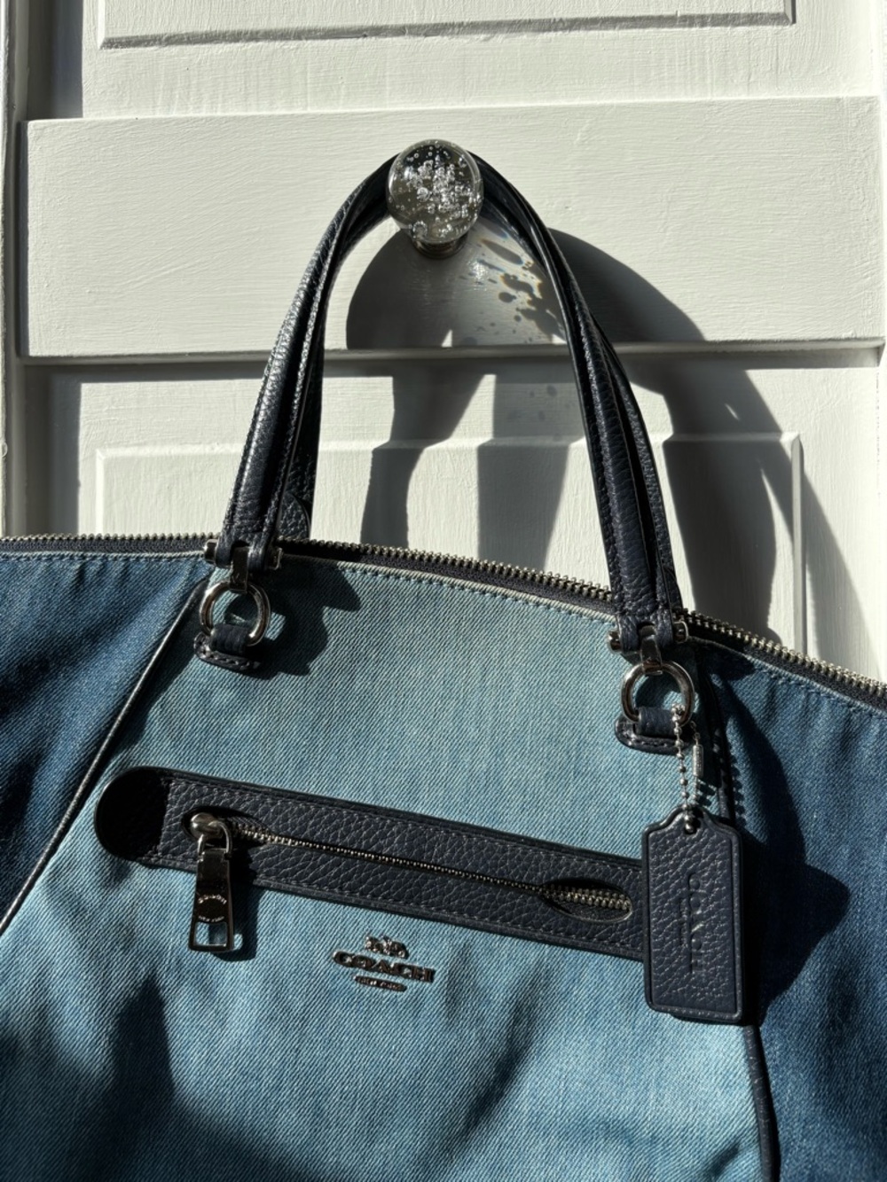 Coach Two-Tone Blue Denim Tote with Black Leather Trim - Picture 2 of 6